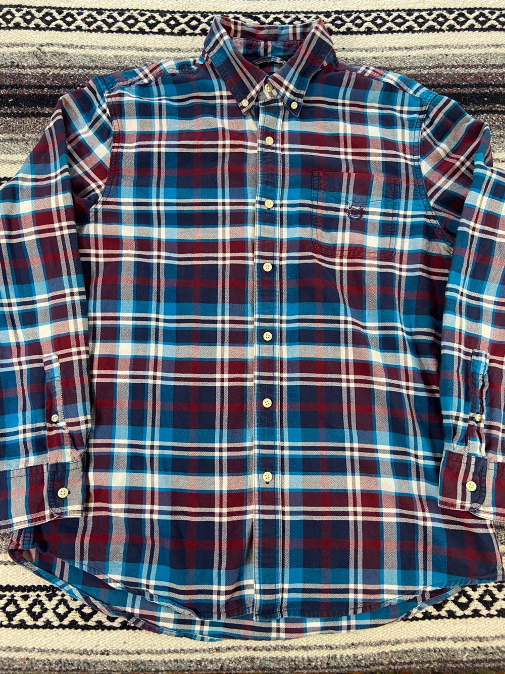 3/$12 Chaps Men's Teal Blue Burgundy Wine Plaid Oxford Button-Down Shirt Cotton